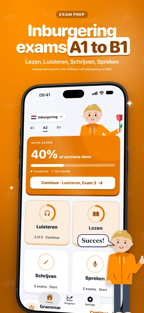 Lingotivo home screen with Inburgering practice exams for A1, A2 and B1.