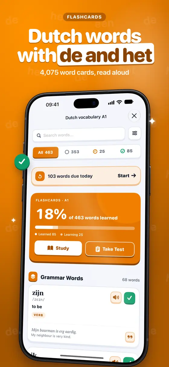 Dutch A1 word cards: 463 words, 103 due today, with a flashcard of zijn.