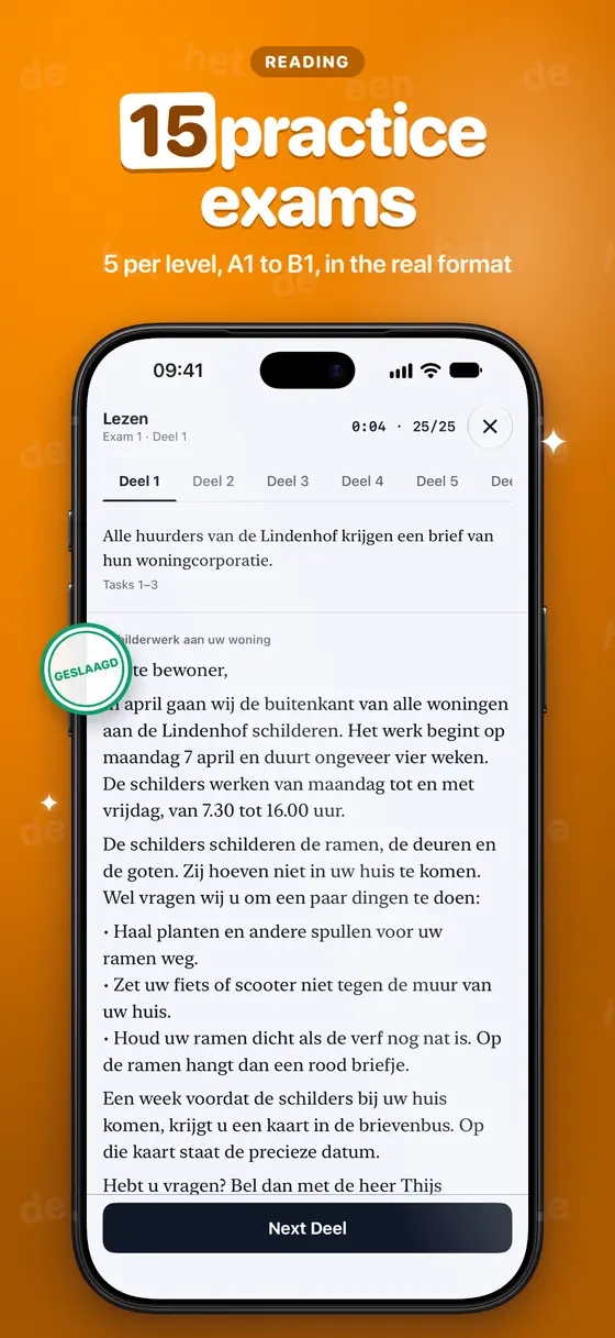 An Inburgering Lezen paper on iPhone with Deel tabs, a timer and a Dutch text.