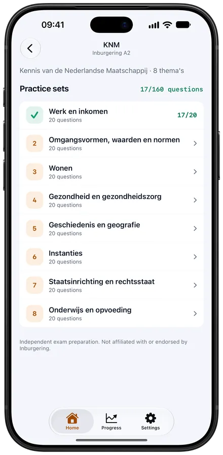 The eight KNM themes on iPhone, twenty questions each.