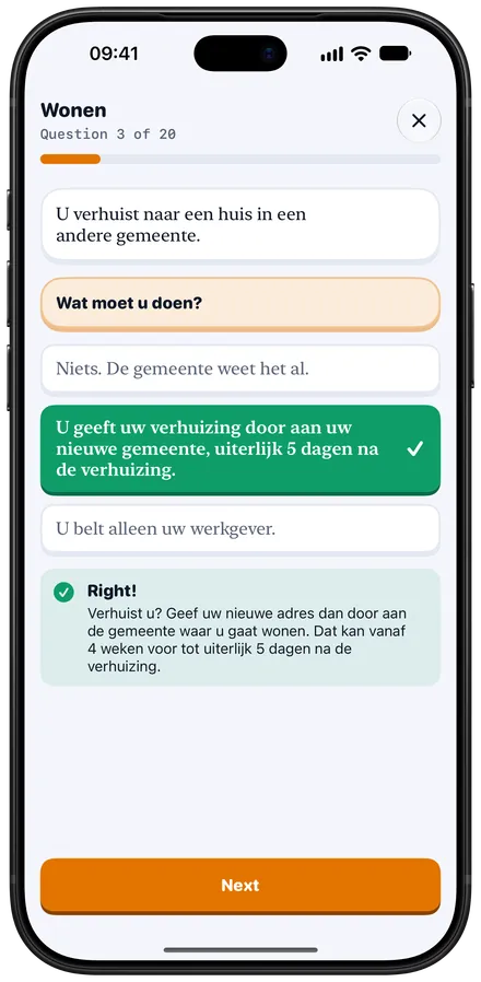 A KNM question on iPhone about moving house, with the right answer explained.
