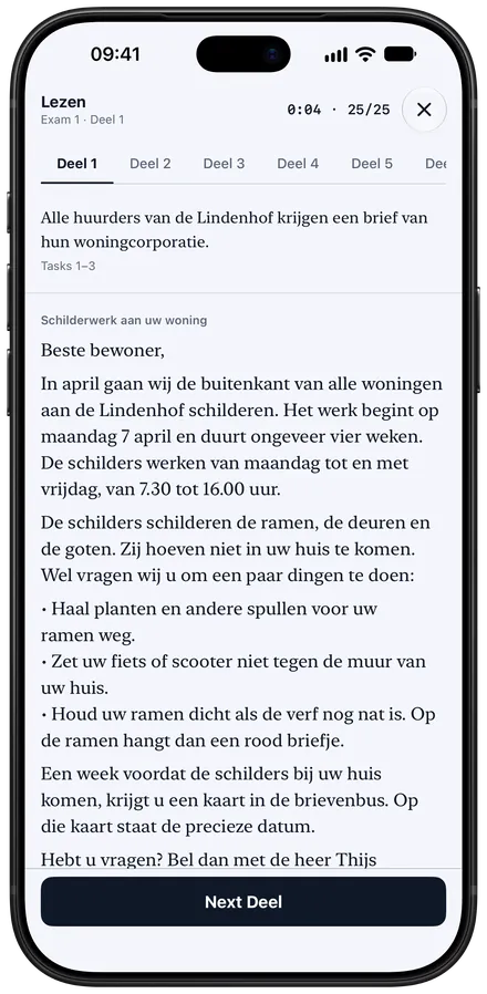 An Inburgering Lezen paper on iPhone: Deel tabs, a letter to the residents of a street and the timer.