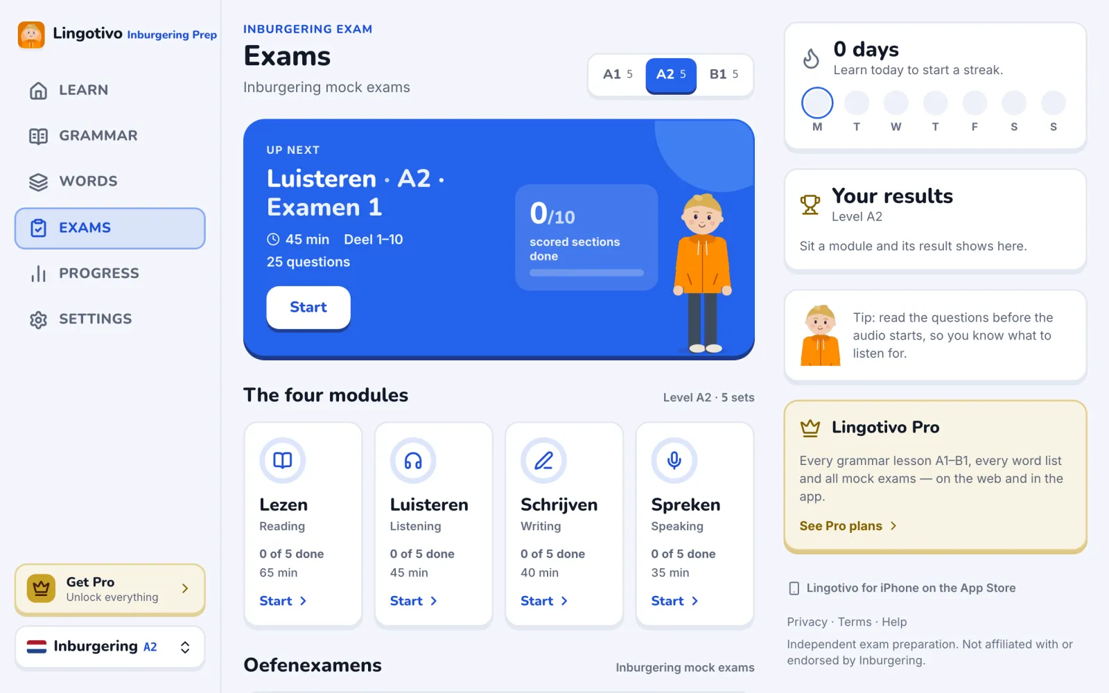 The Inburgering course on inburgering.lingotivo.com in a browser: the exams page with the next paper, the four modules and the mock exams.